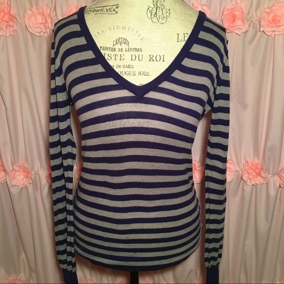 Gray and Navy Blue Striped V- Neck Sweater - Picture 2 of 10